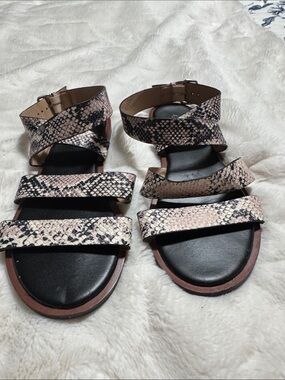 Women’s Snake-Print Strappy Flat Sandals - Pink/Beige/Black